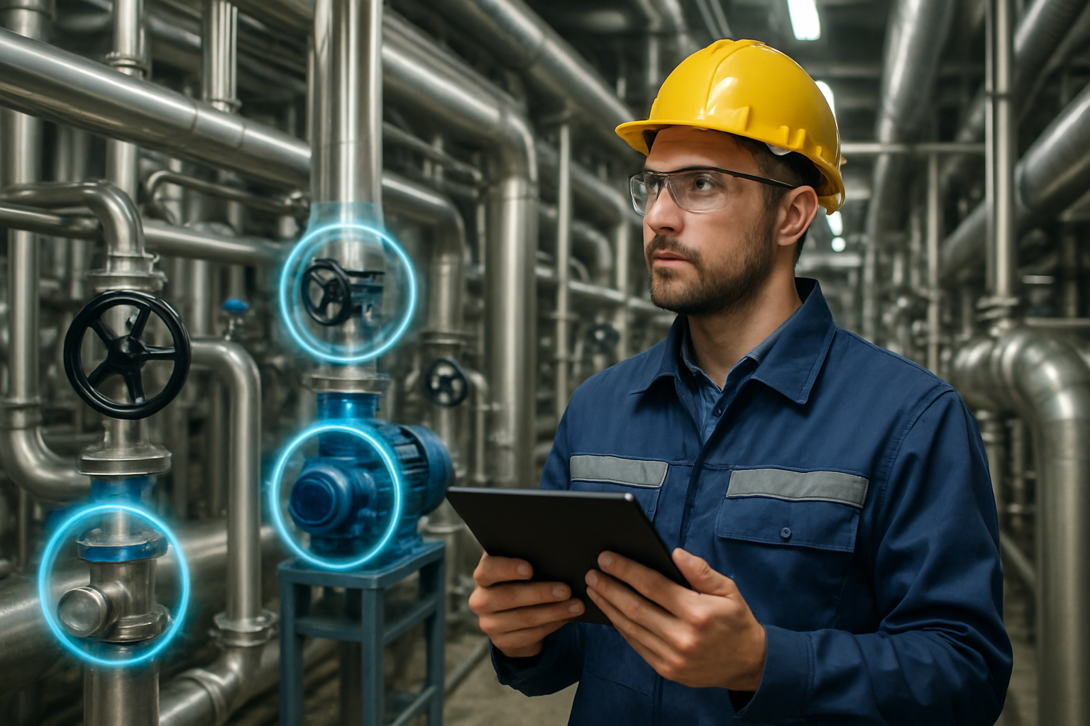 Engineer using a tablet in a process plant with pipes and equipment tagged with visual overlays