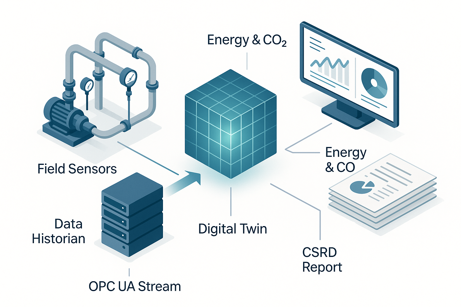 Infographic showing plant sensor data flowing into a digital twin and out as an ESG report