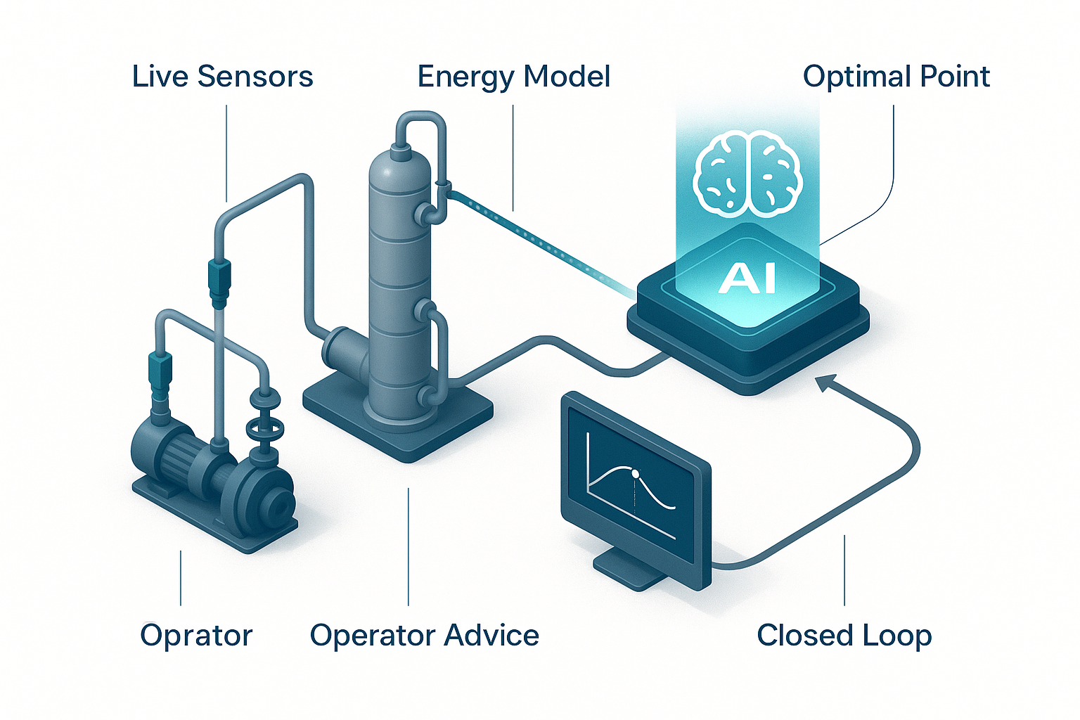 Isometric infographic showing how Energy AI finds and holds the optimal operating point