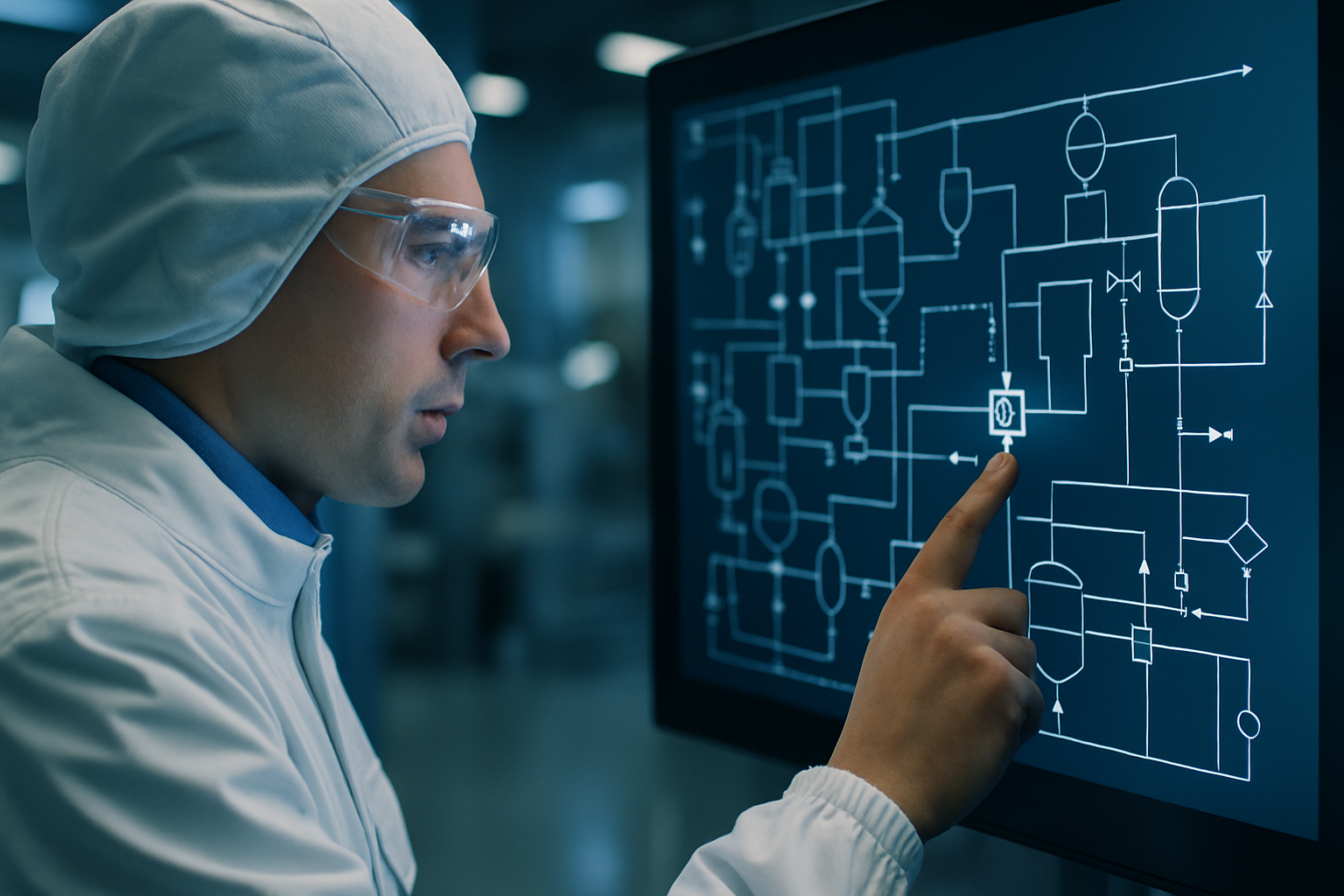 Engineer reviewing a P&ID on a touchscreen in a process plant
