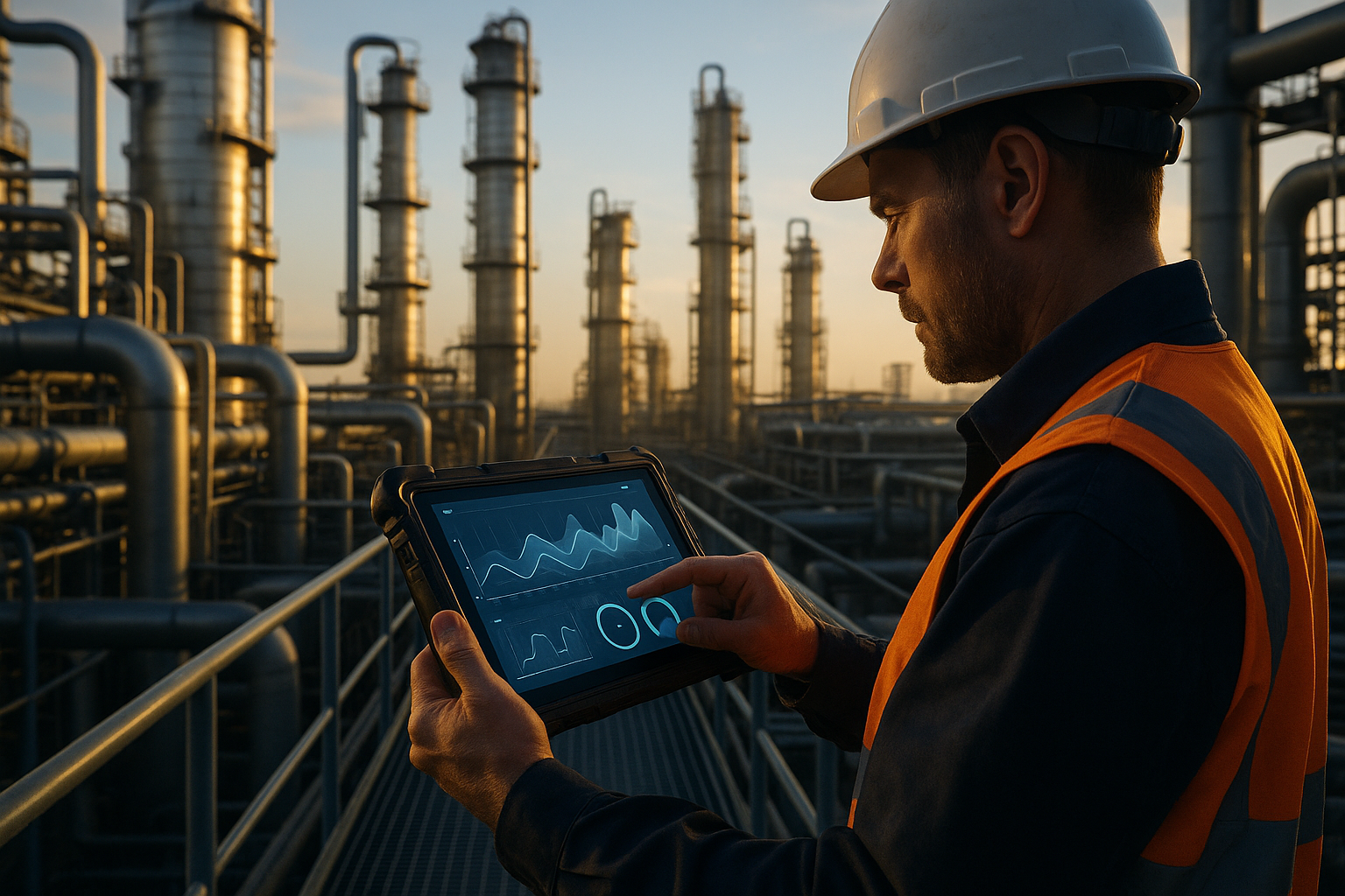 Operator reviewing equipment health analytics on a tablet in a refinery